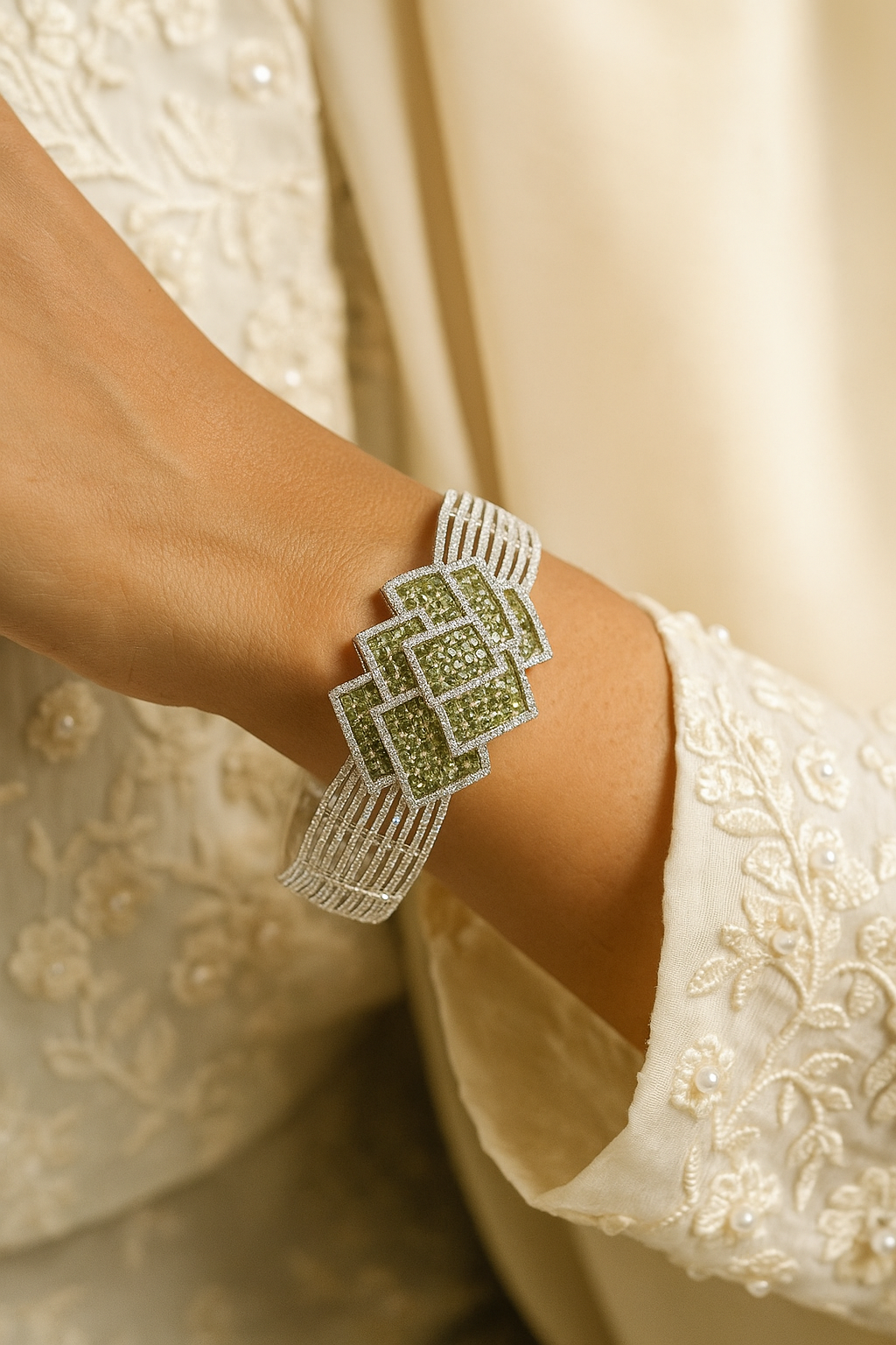 Olive Green Geometric Diamond Look Openable Bracelet